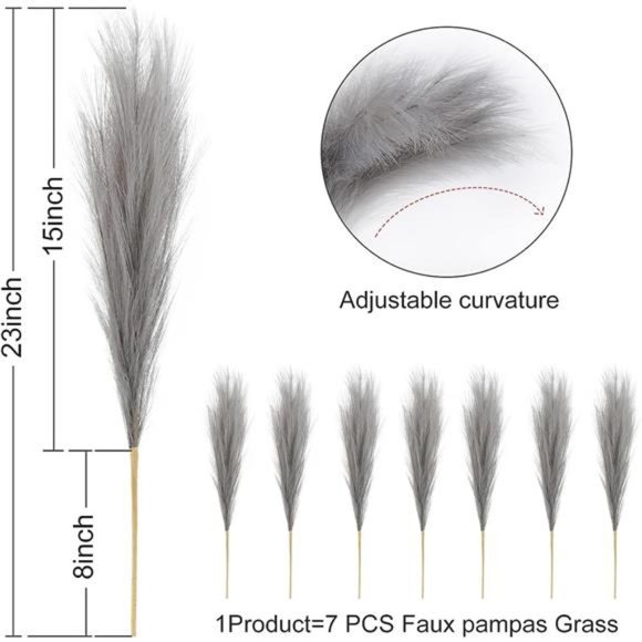 Faux Pampas Grass,7 PCS 24 inch Gray Pampas Grass Decor,7 Branches |Fluffy Stem - Picture 6 of 6